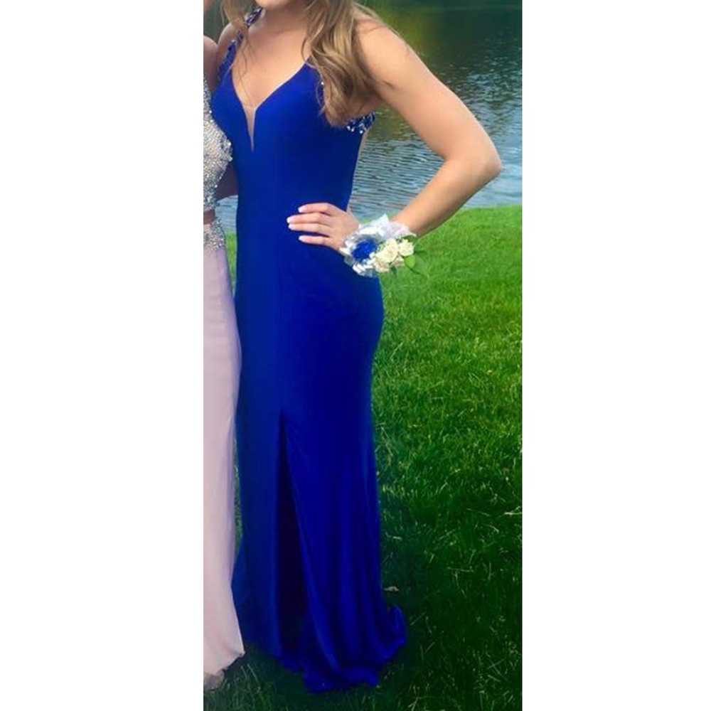 Navy Blue Sequin Strapped Prom Dress with Leg Slit